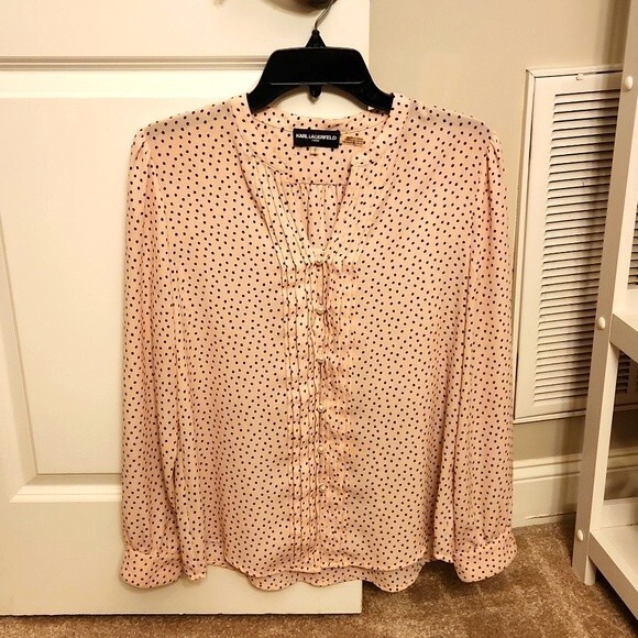 Karl Lagerfeld Paris Pink Blouse w/ Black Polkadots & Pearl Buttons Size M - Picture 1 of 7